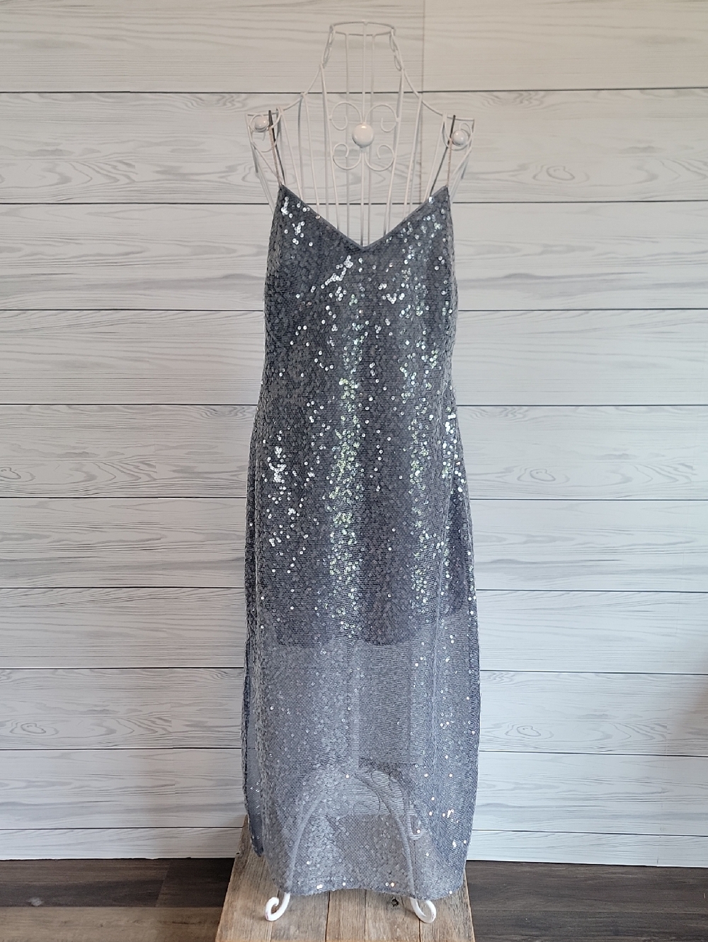 Open Edit Silver Sequin Slip Dress Womens Size S